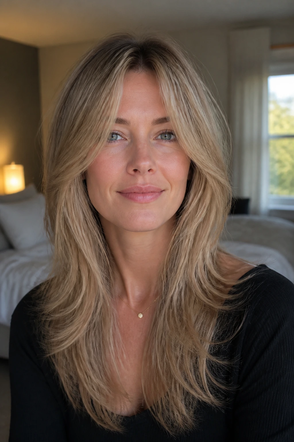 Portrait of a woman with butterfly cut for fine hair showing lifted crown and weighted ends