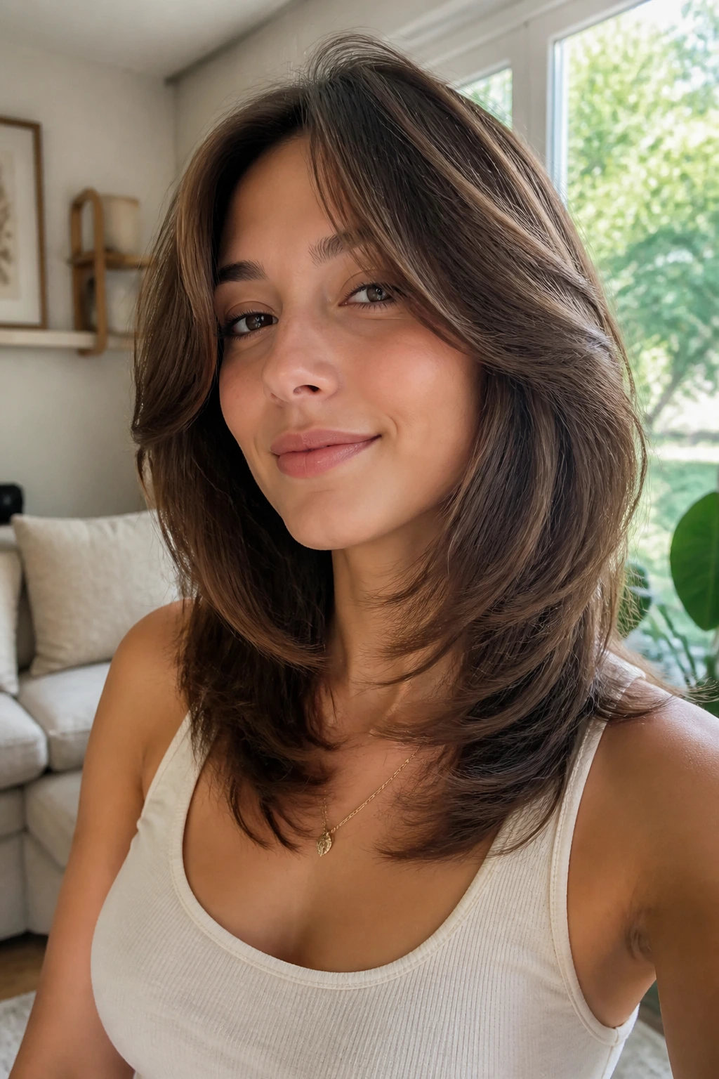 Close-up of a real woman with butterfly cut front layers around cheeks and longer back