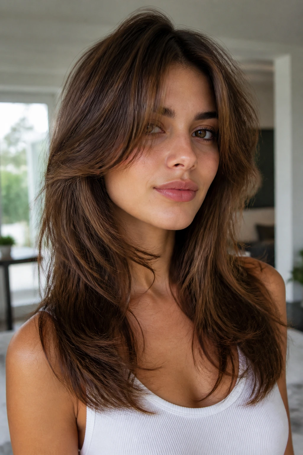 Close-up portrait of a real woman with butterfly cut showing shorter top layers over longer back