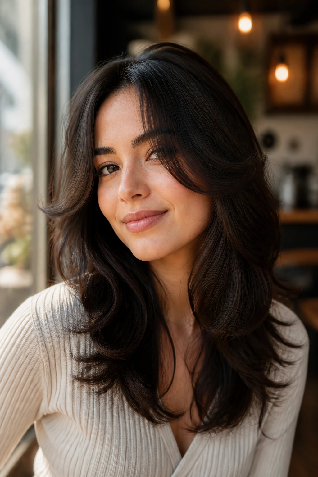 Close-up of a real woman with a soft butterfly cut, face-framing layers and airy length