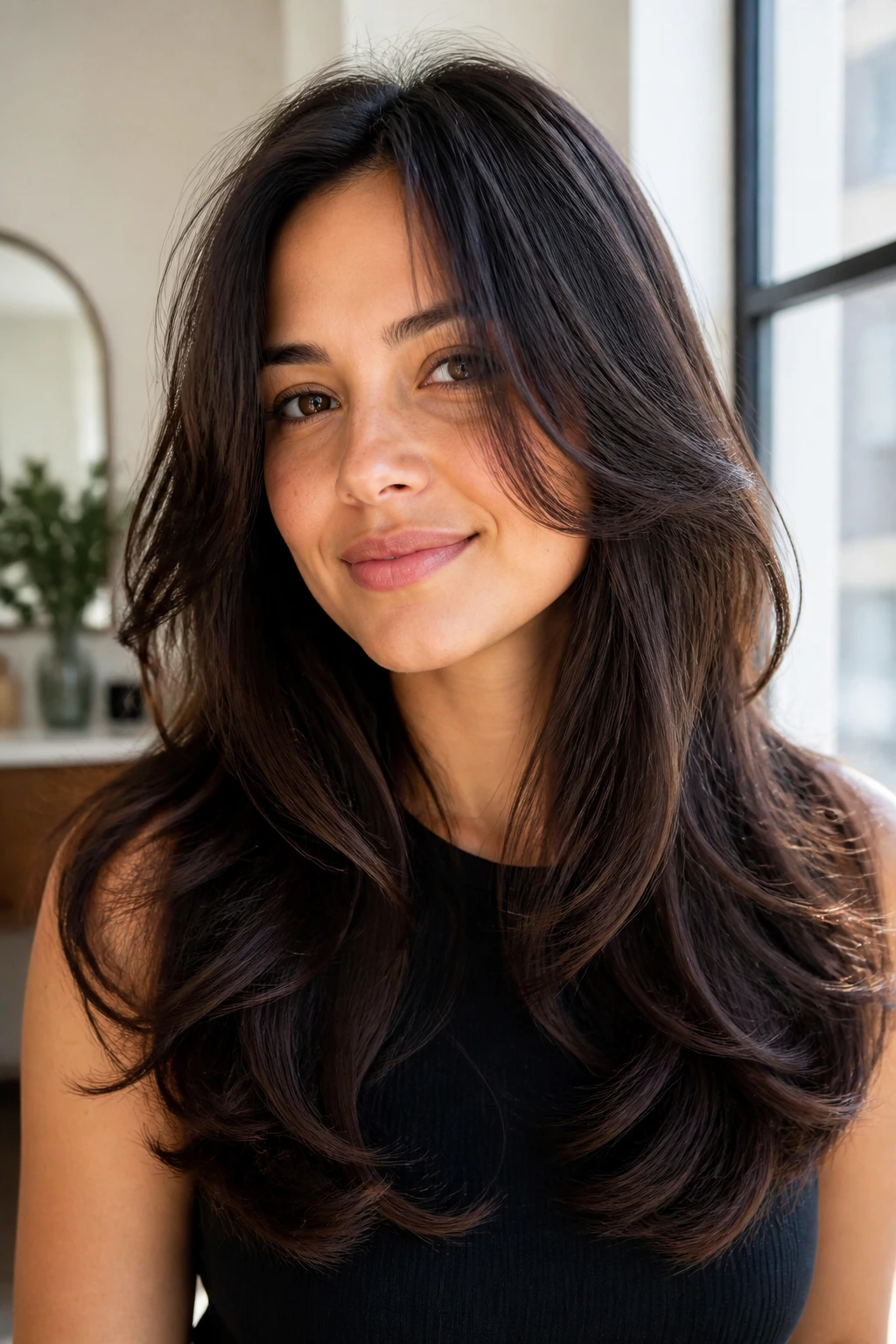 Portrait of a woman with layered butterfly cut reducing bulk and adding movement