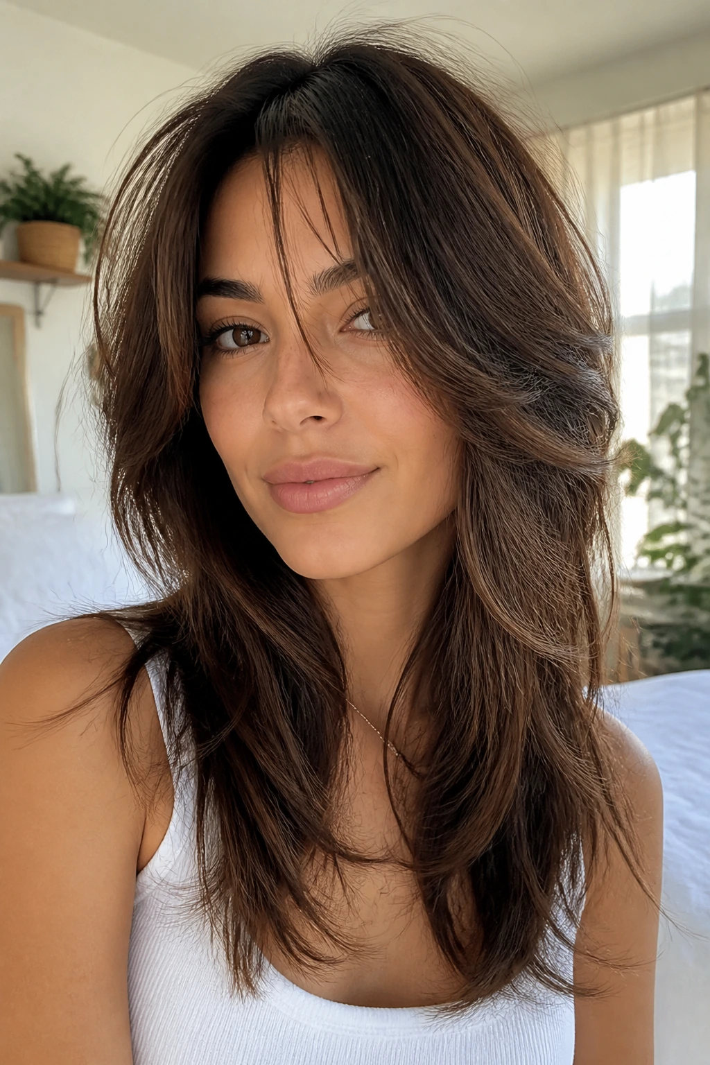 Portrait of a person with butterfly cut lighter top layers framing the face