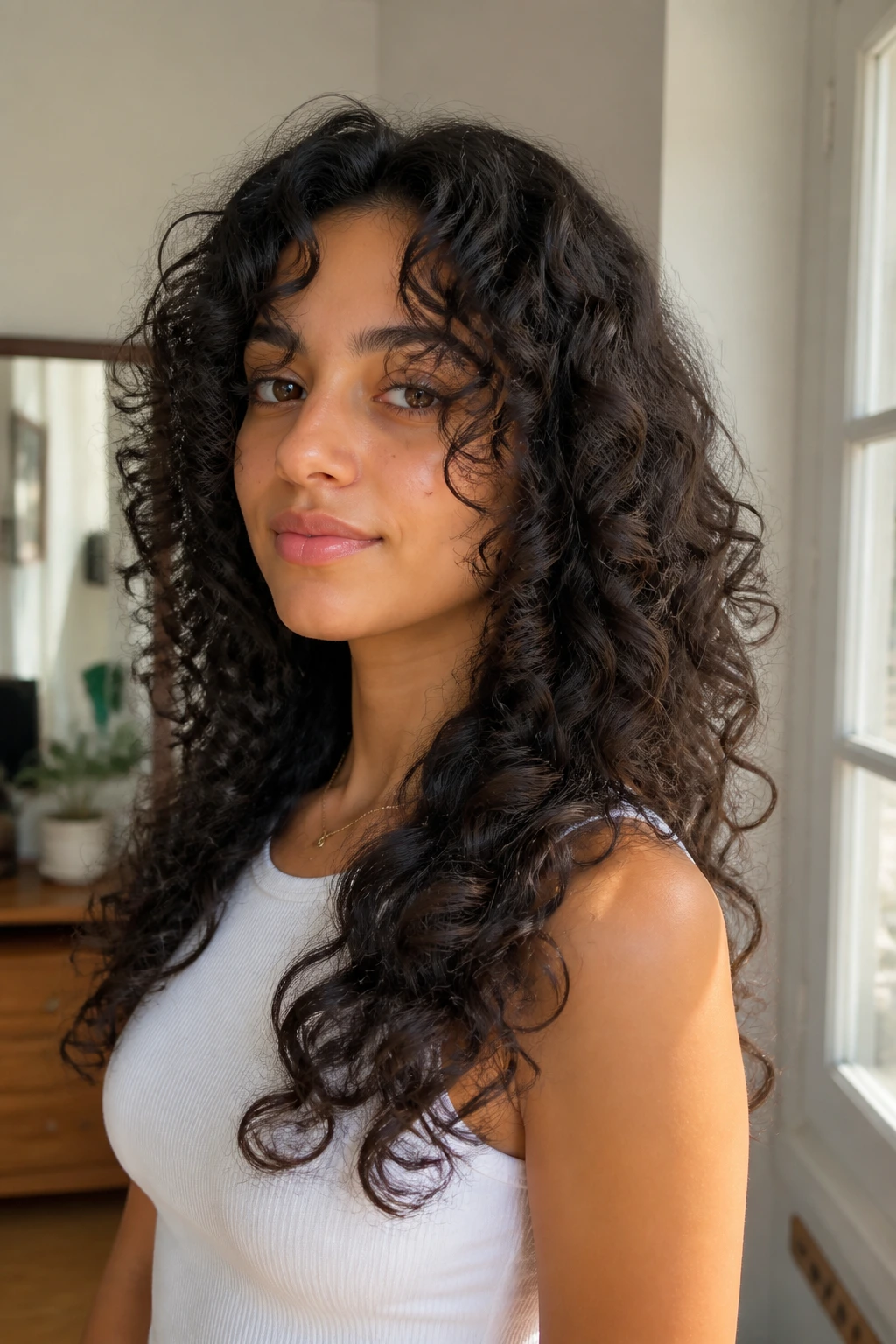 Close-up of a real person with a butterfly cut for 3A curls