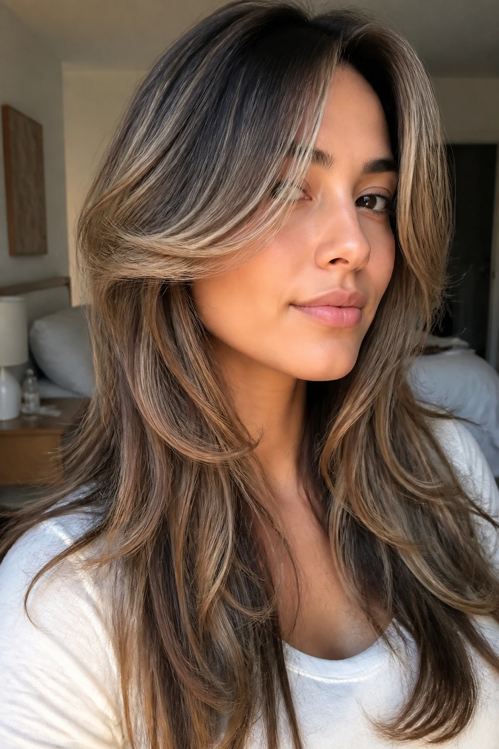 Close-up portrait of a real woman with a butterfly cut showing crown layers and longer underneath, subtle balayage, natural window light