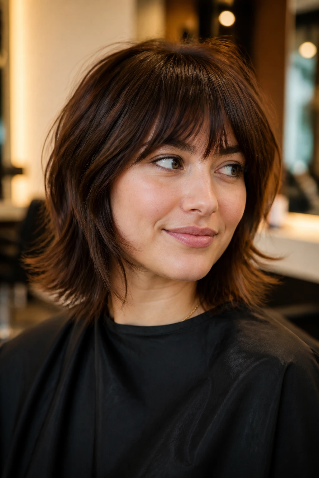 Close-up portrait of a real woman with a sharp-edged fringe and butterfly cut in a salon setting