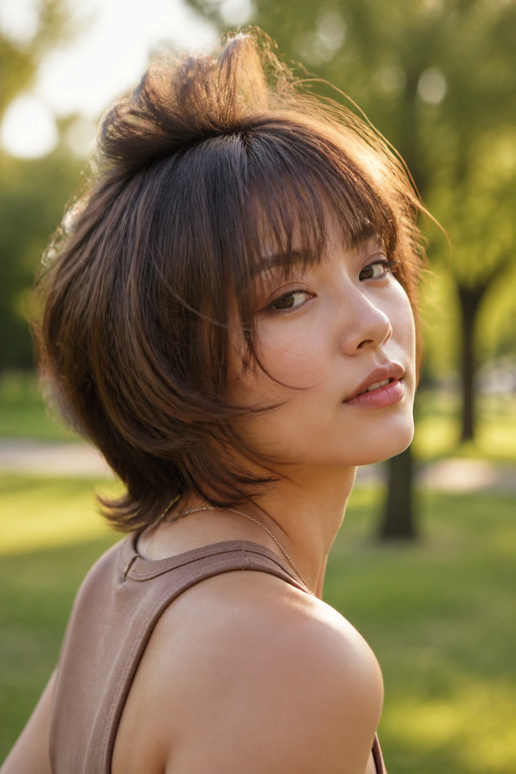 Portrait of a real woman with a moving butterfly cut in windy outdoor light