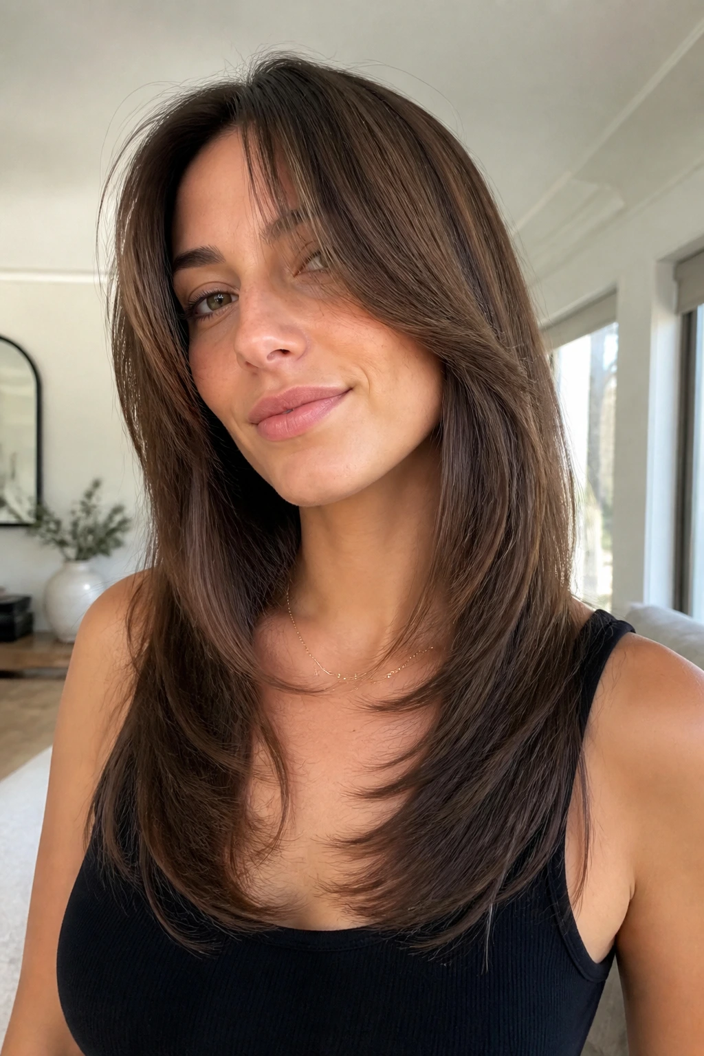 Close-up of a real woman with butterfly cut on straight hair