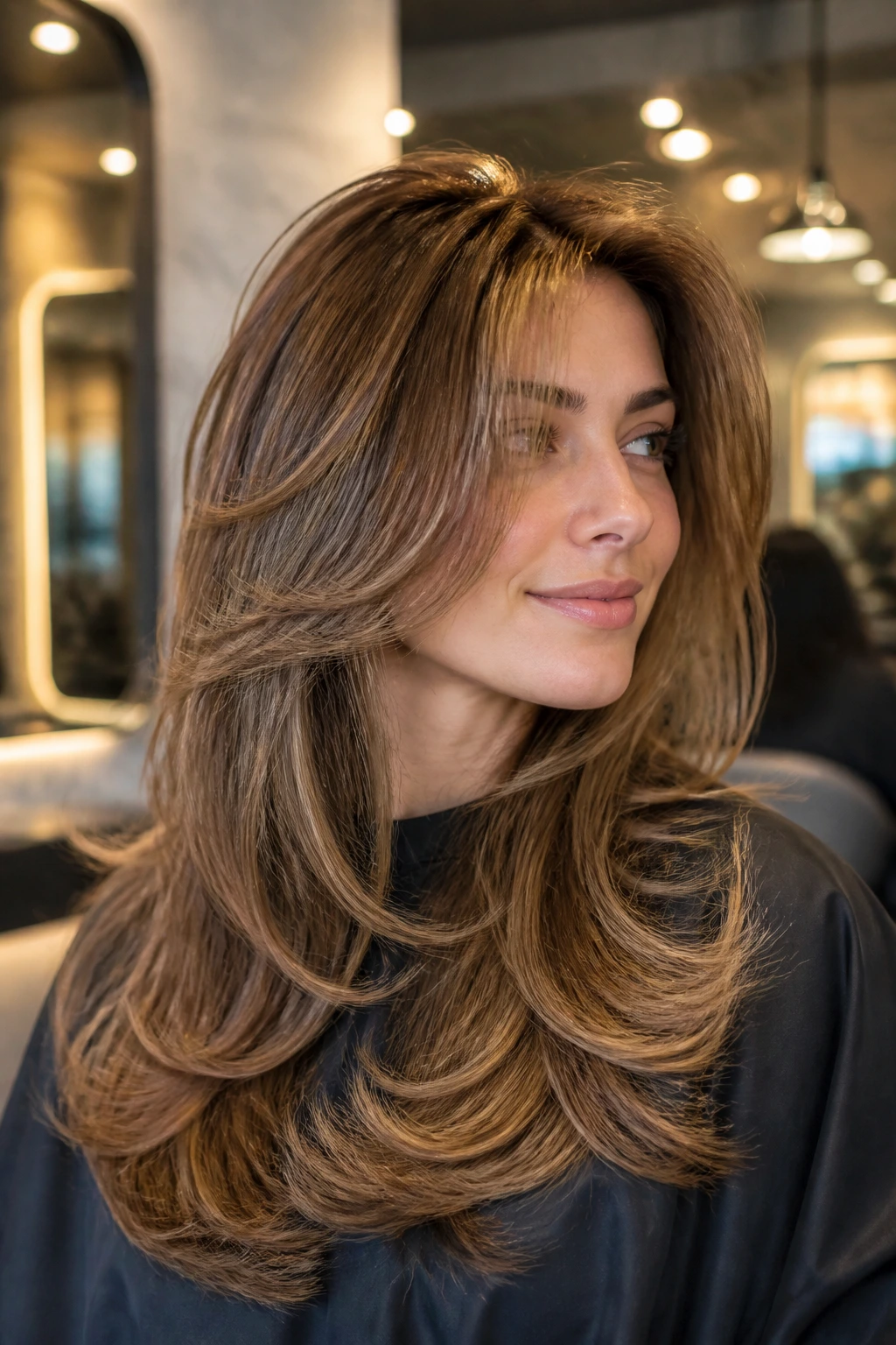 Real woman with bouncy round-brush butterfly cut in chic salon setting
