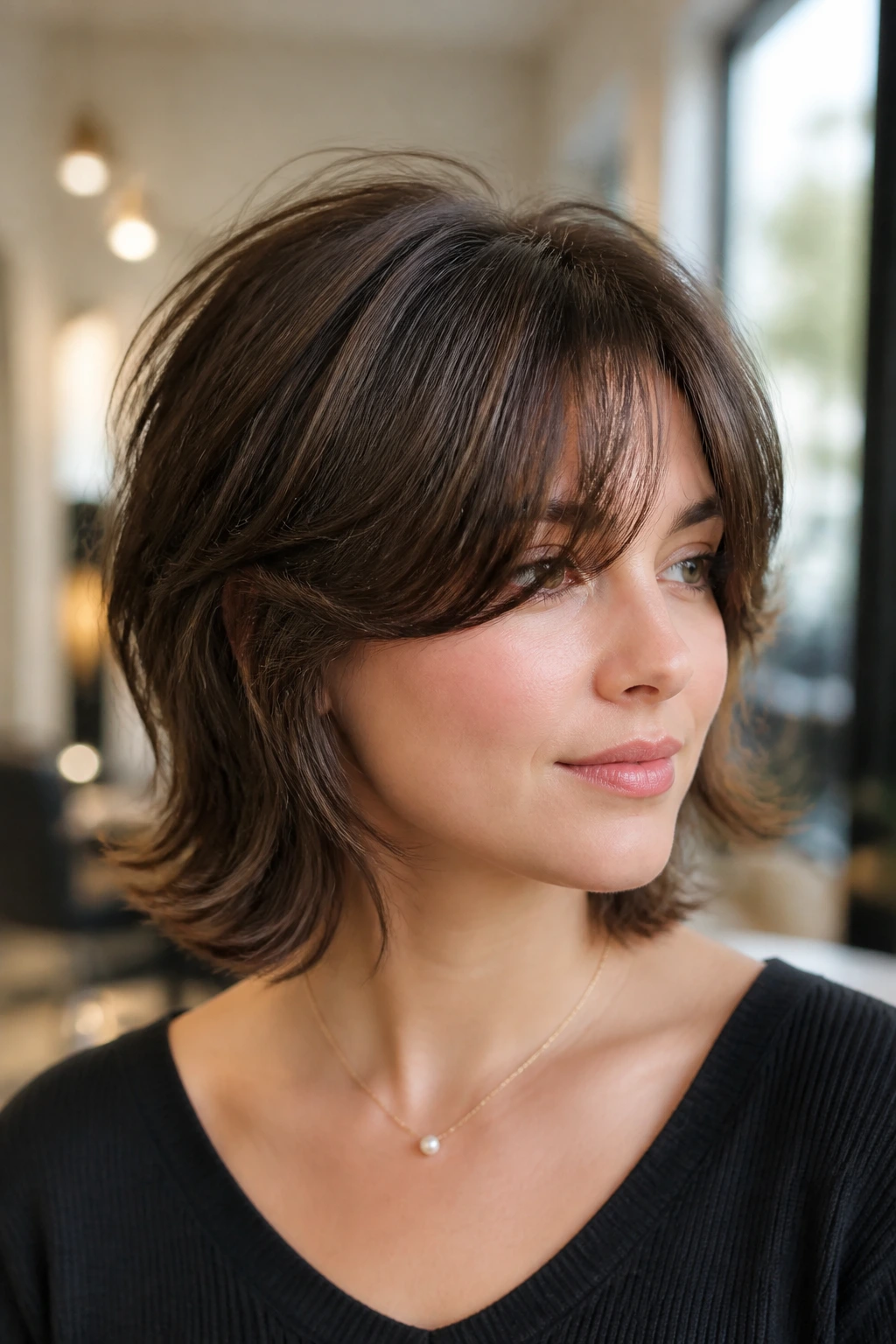 Close-up of a real woman with butterfly-cut hairstyle showing crown lift in a warm salon setting