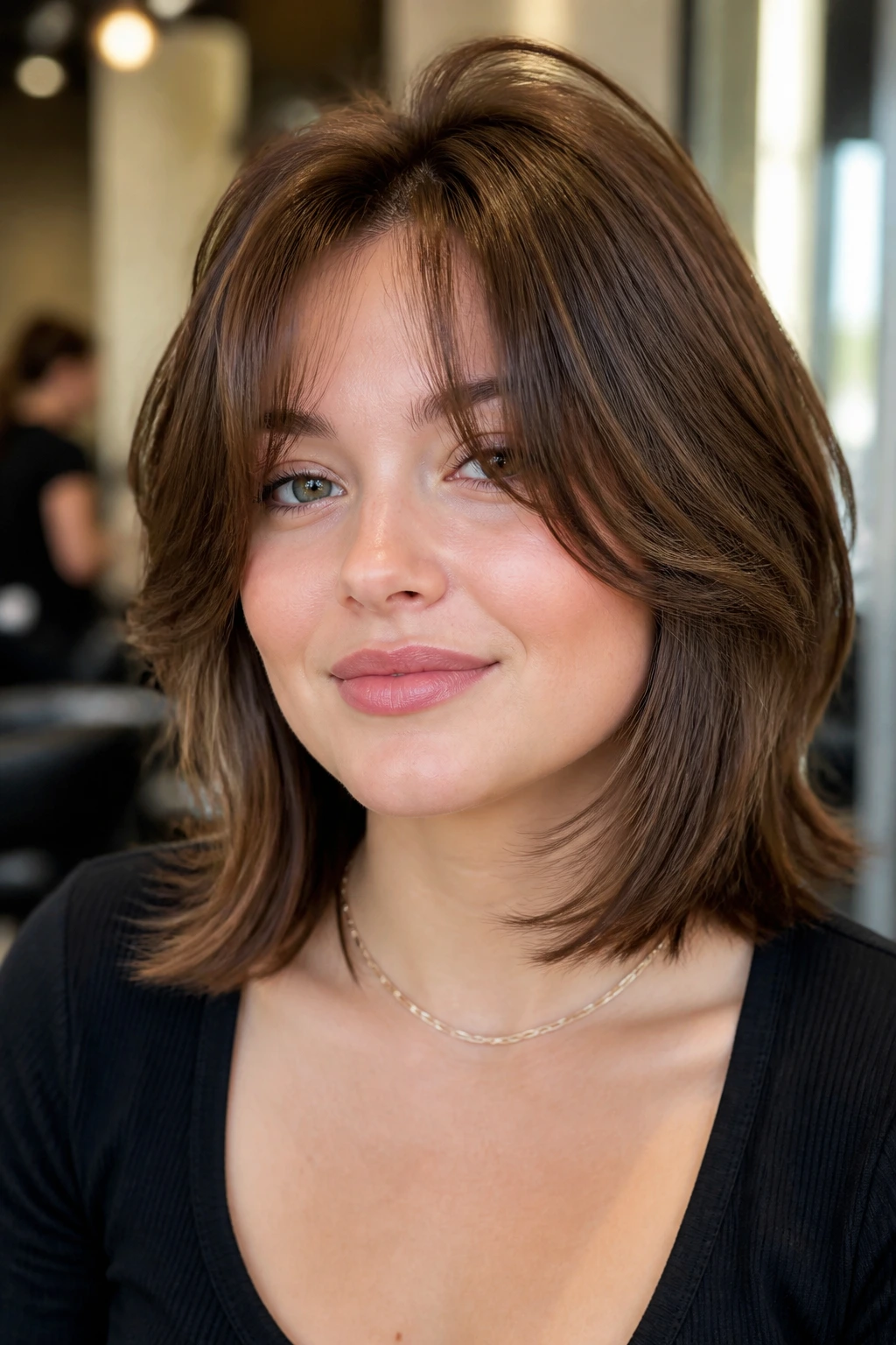 Portrait of a real person in a butterfly cut highlighting crown lift and face-framing pieces