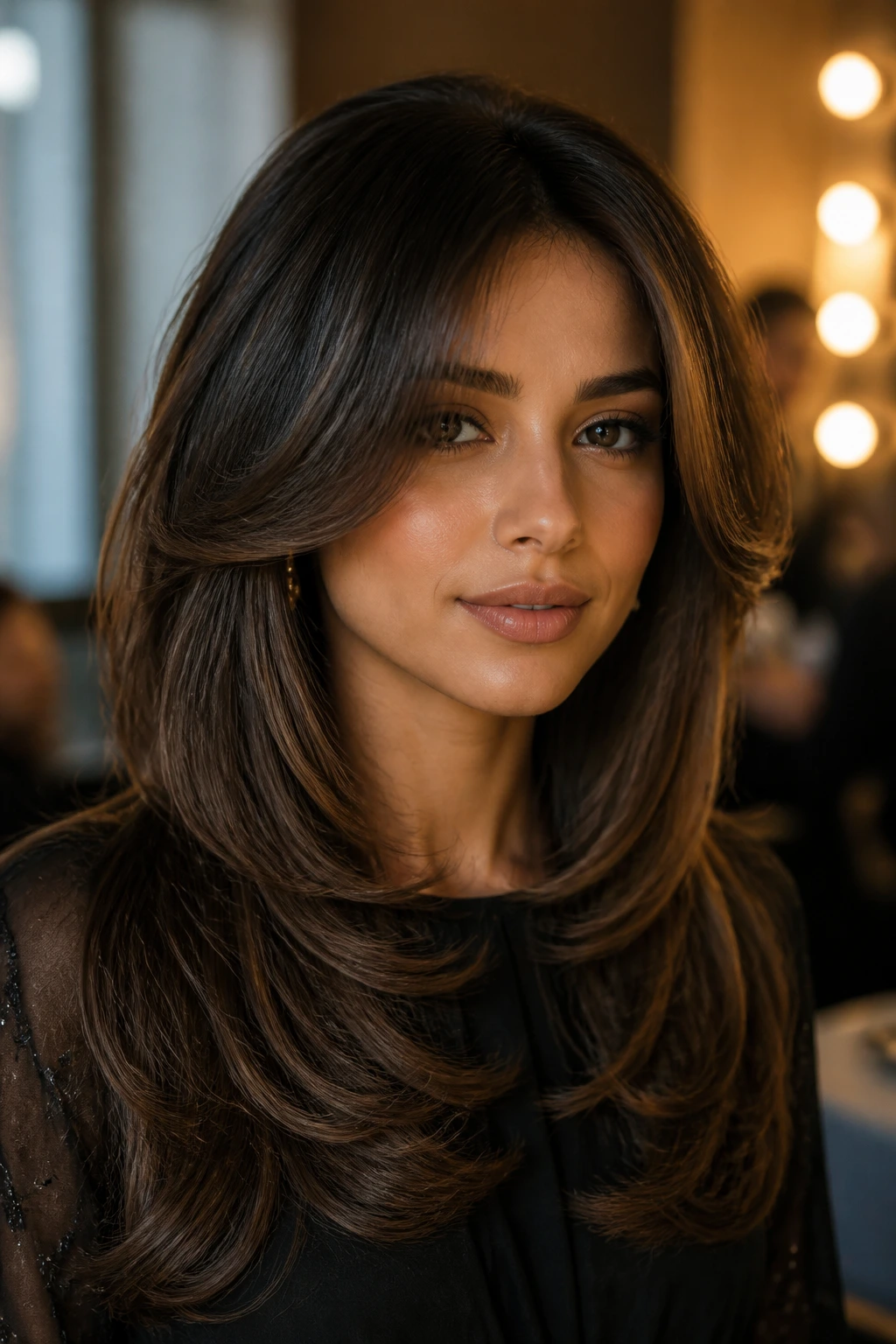 Close-up of a real woman with a glam butterfly cut with rounded ends in warm lounge lighting