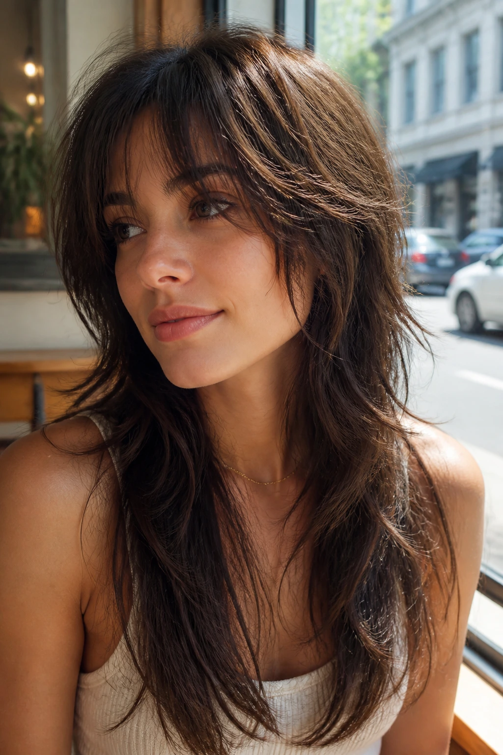 Real woman with shag-inspired butterfly cut in sunlit cafe setting