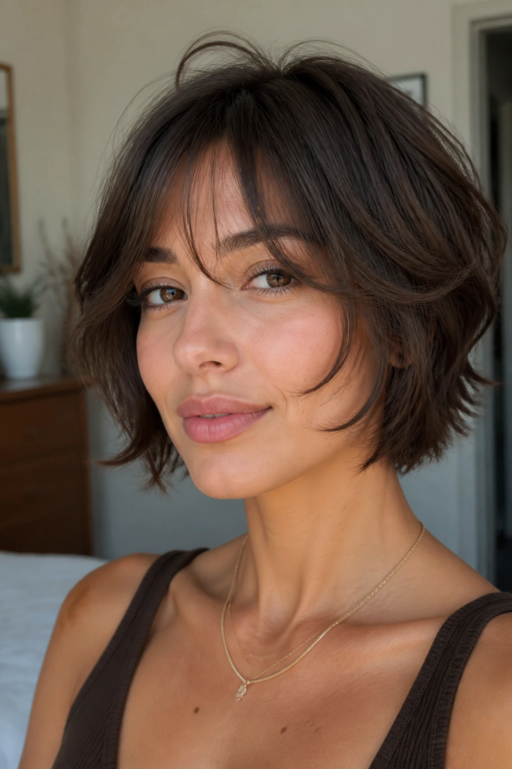 Close-up portrait of a real woman with a short butterfly haircut showing cheekbone-length layers and wispy bangs.