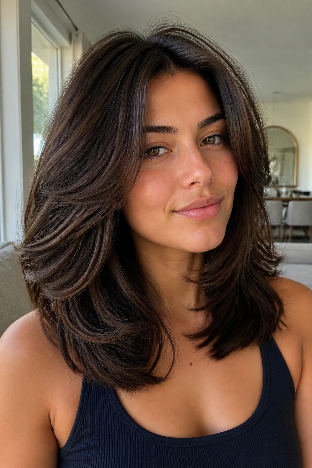 Butterfly cut at shoulder length on a real woman with shorter top layers