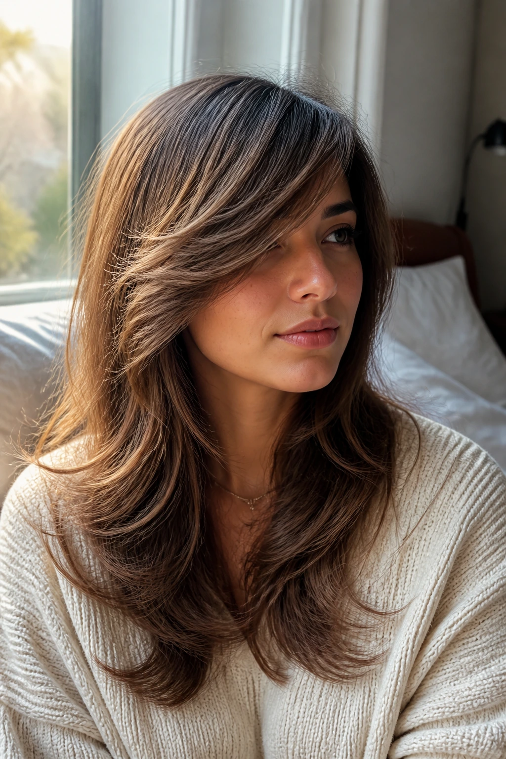 Close-up of a real woman with side-swept fringe butterfly cut