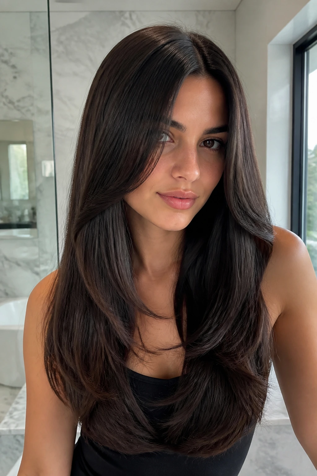 Real woman with sleek glass-hair butterfly cut in bright modern bathroom