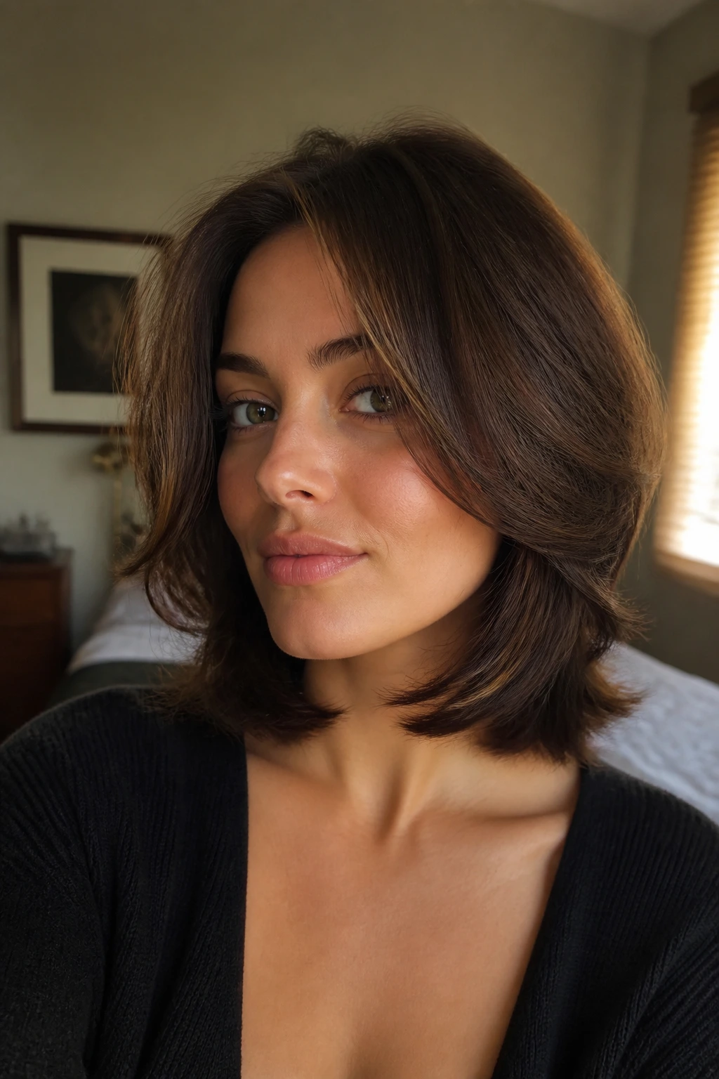 Close-up portrait of a real woman with butterfly cut front pieces curved around the jaw to soften a square jawline