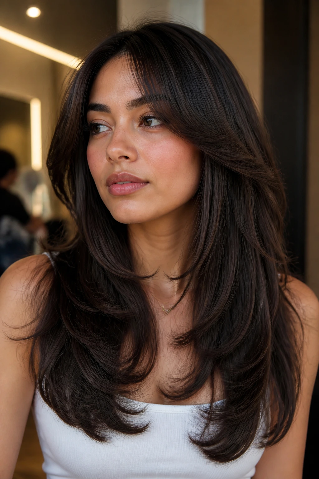Portrait of a woman with butterfly cut showing interior wings in thick hair