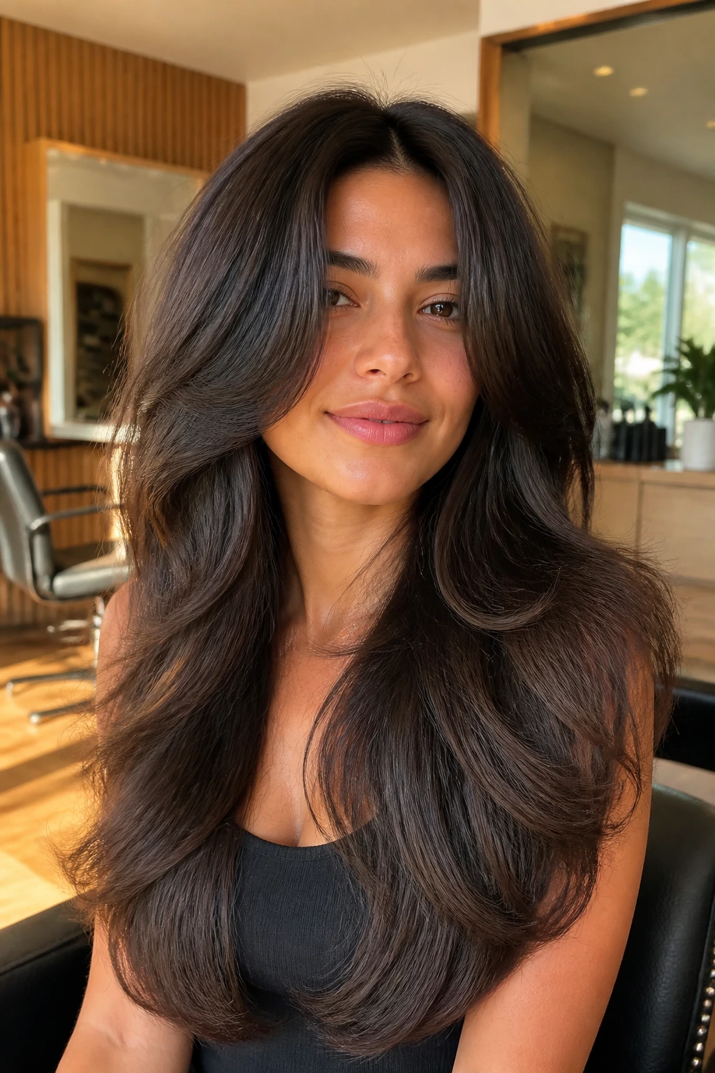 Close-up of a real woman with thick hair butterfly cut, dramatic front pieces and lifted crown