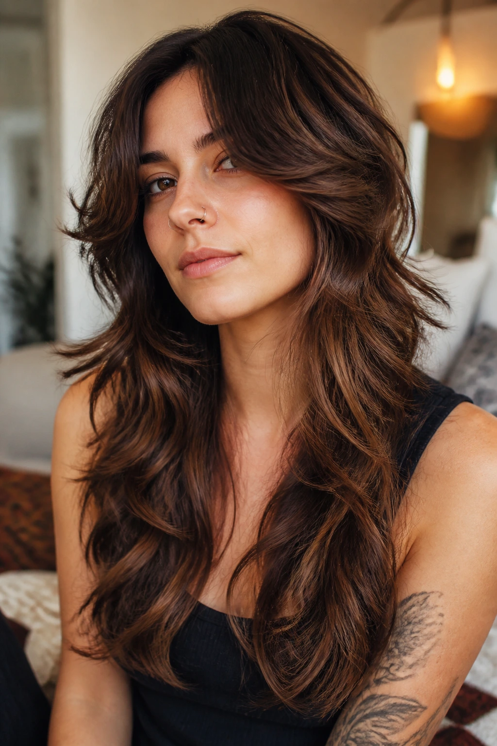 Close-up portrait of a real woman with butterfly cut featuring front volume and long back