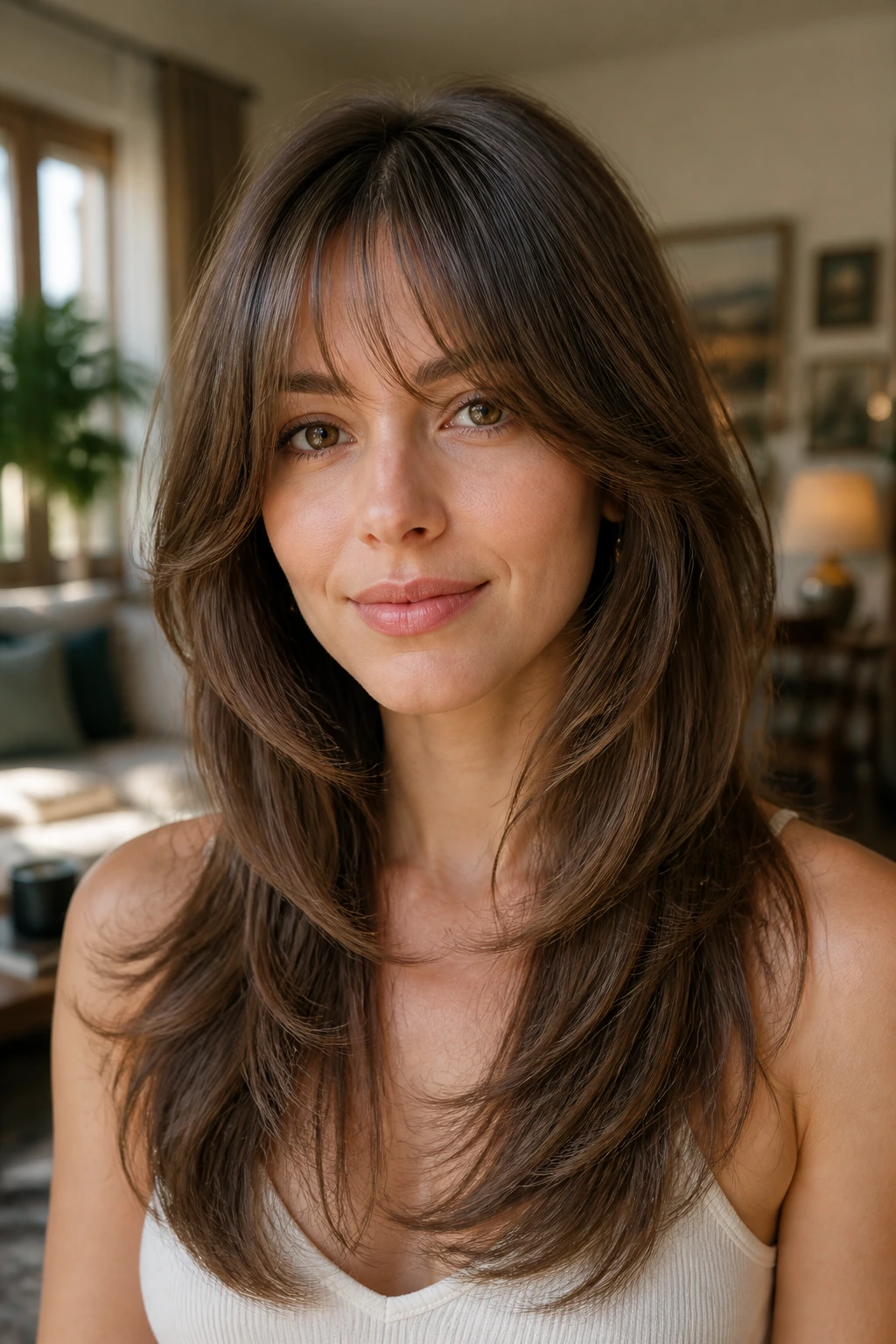 Close-up of a woman with butterfly-cut layers and wispy bangs