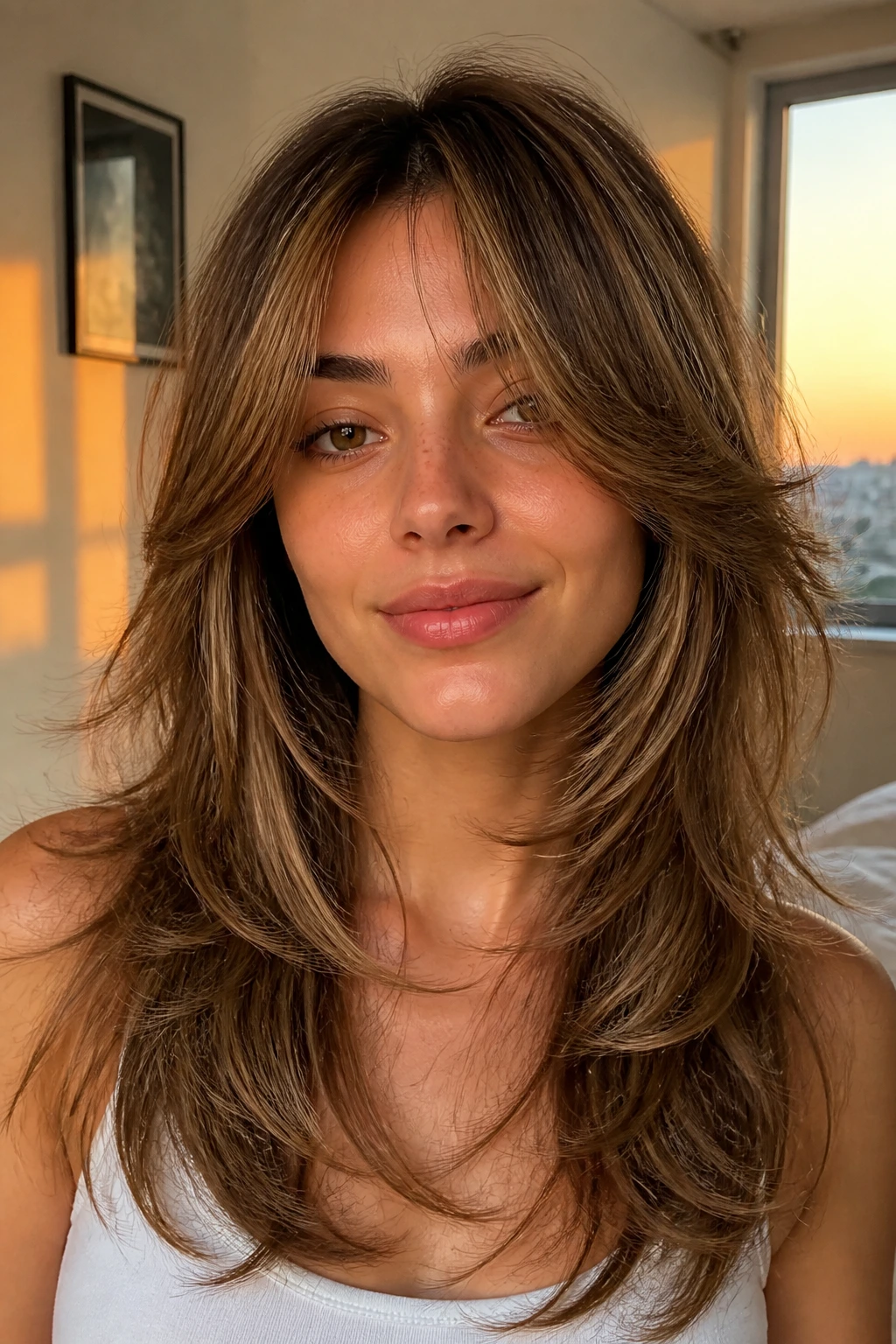 Portrait of person with butterfly cut and wispy feathered ends in warm sunset light