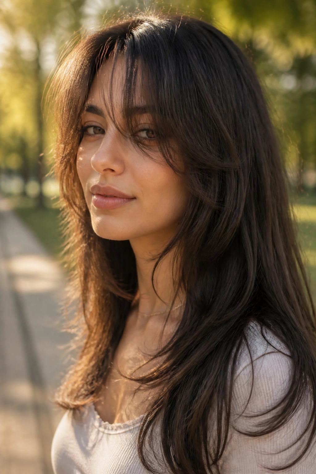 Real woman with wolf-light butterfly cut in golden hour park setting
