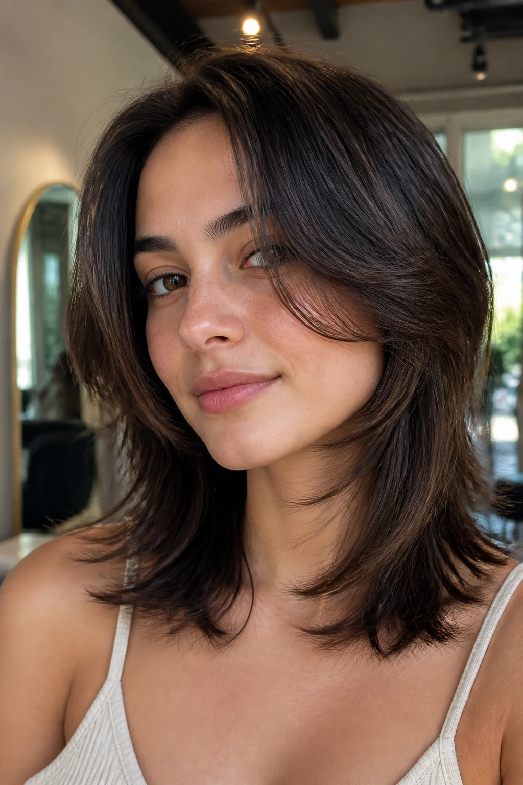 Close-up portrait of a real woman with shoulder-length butterfly cuts highlighting cheekbone-framing layers