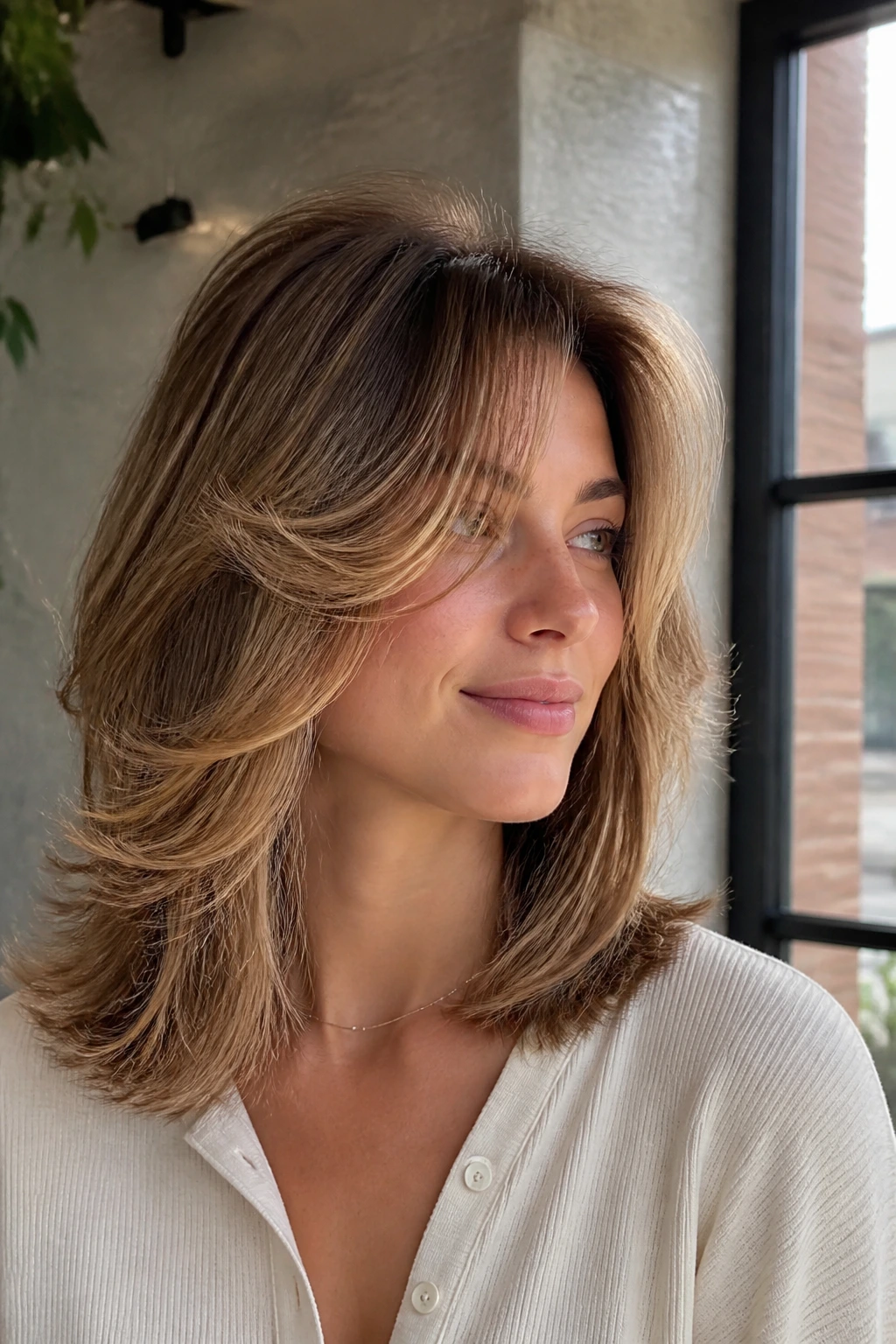 Close-up portrait of a real woman with butterfly feathering at shoulder length