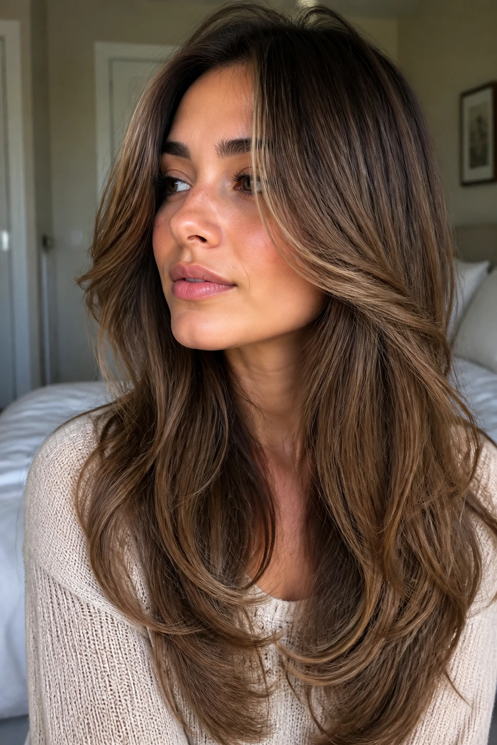 Close-up portrait of a real woman with butterfly front layers framing her face in warm window light