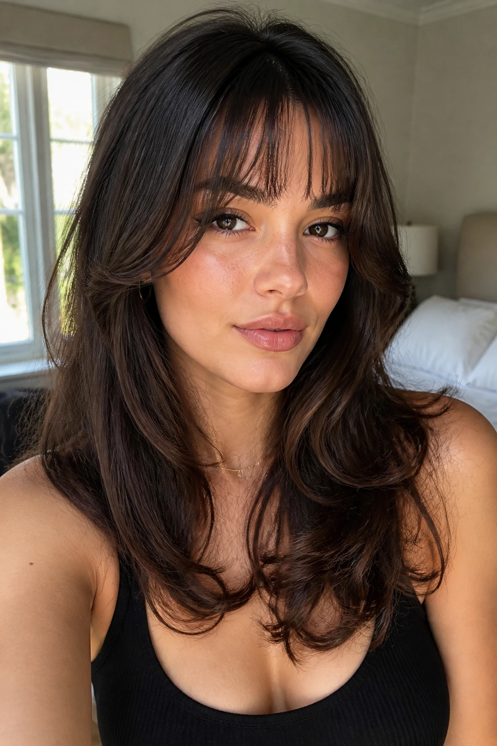 Close-up portrait of a real woman with butterfly haircut and bangs highlighting cheekbones