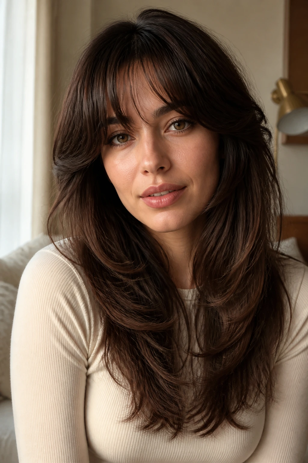 Portrait showing butterfly haircut with bangs integrated into the shape.