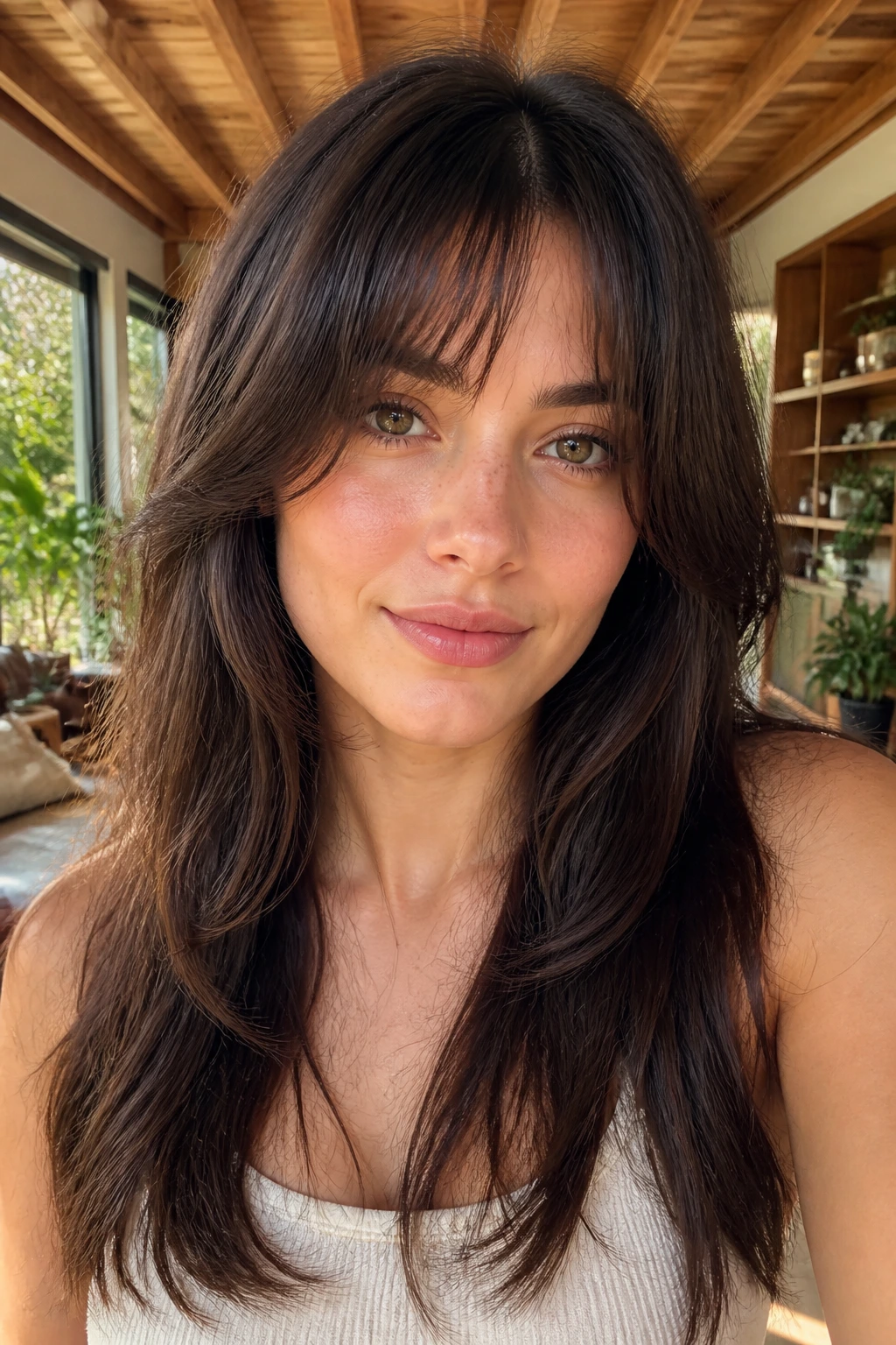 Close-up portrait of a real woman with bottleneck bangs integrated into a butterfly haircut.