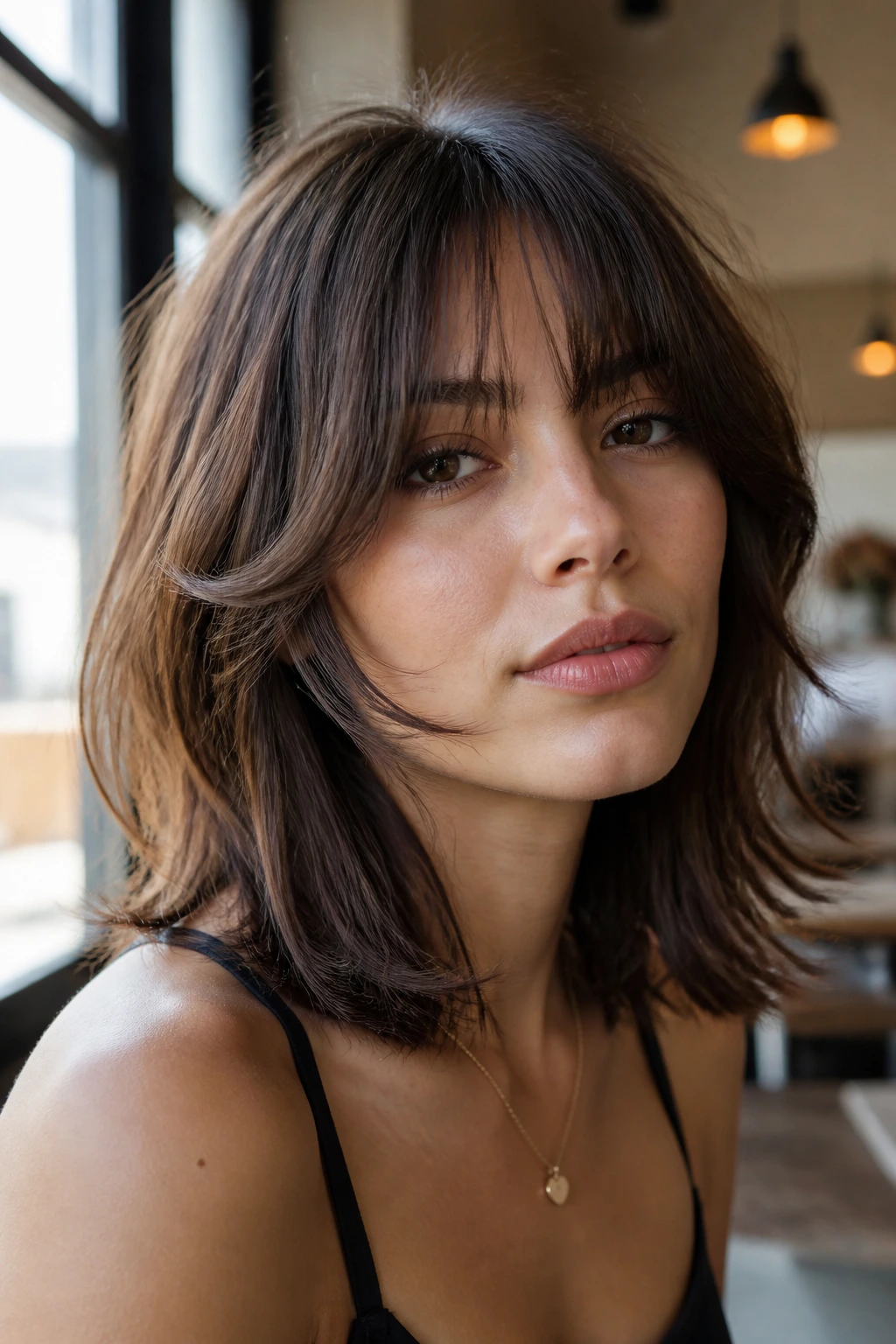 Close-up of a real woman with bottleneck bangs butterfly cut in bright natural light