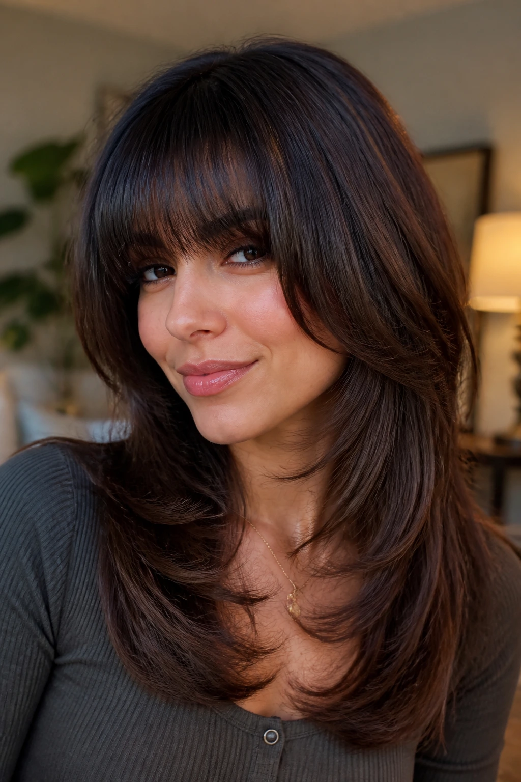 Portrait of a woman with butterfly haircut and brow-grazing bangs