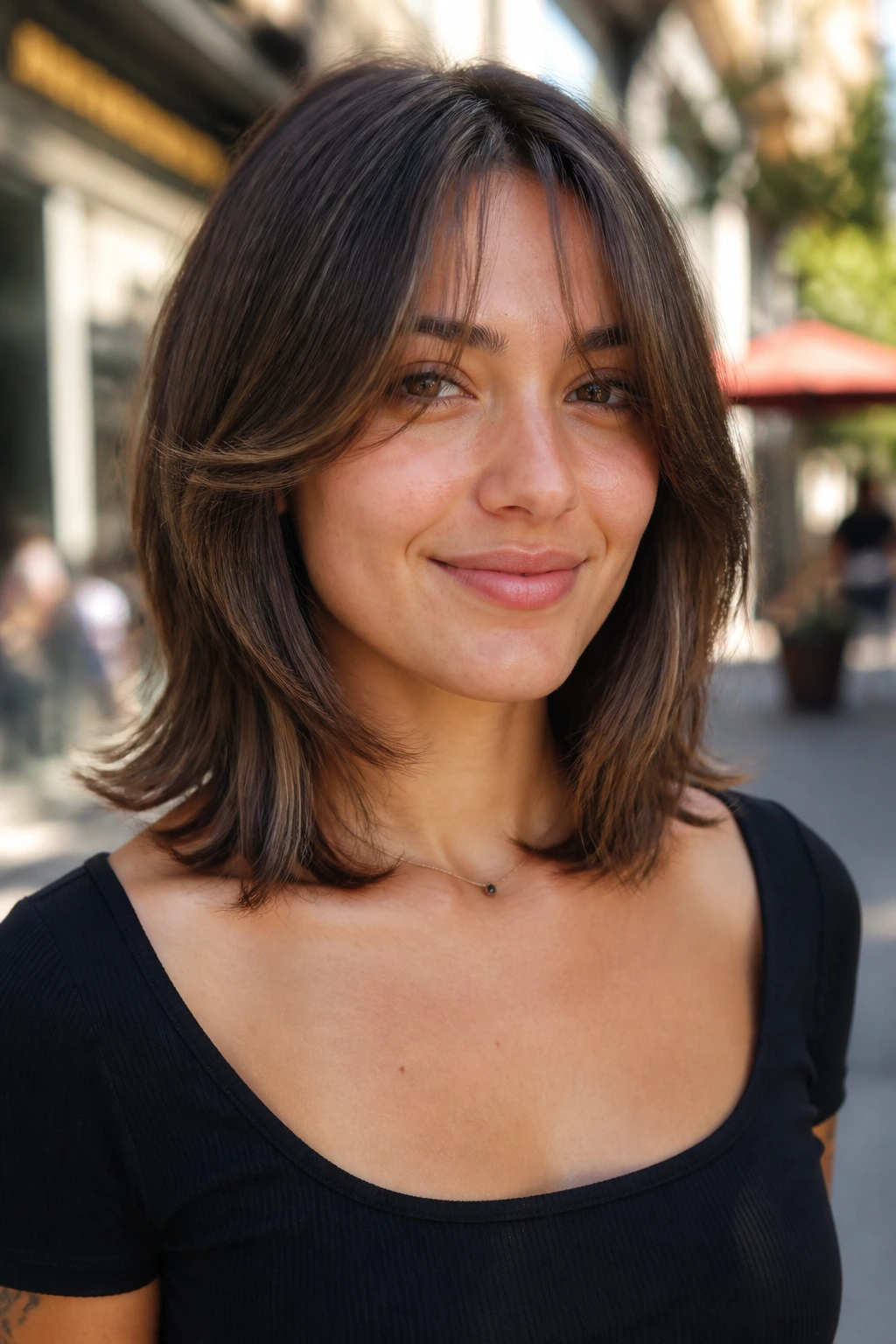 Close-up of collarbone-length butterfly haircut with curtain bangs