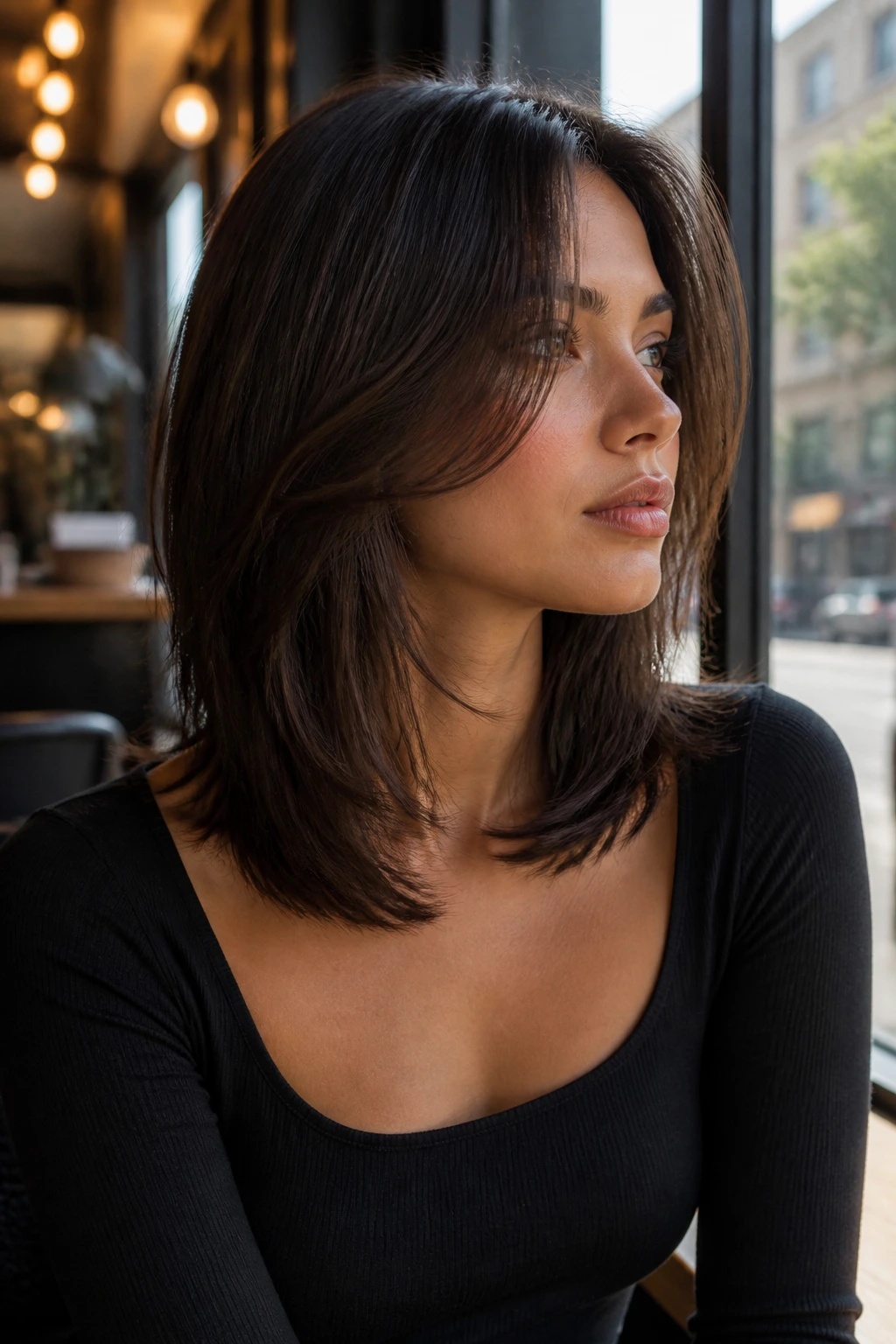 Close-up of a woman with collarbone-length butterfly cut and long face frame in natural light.