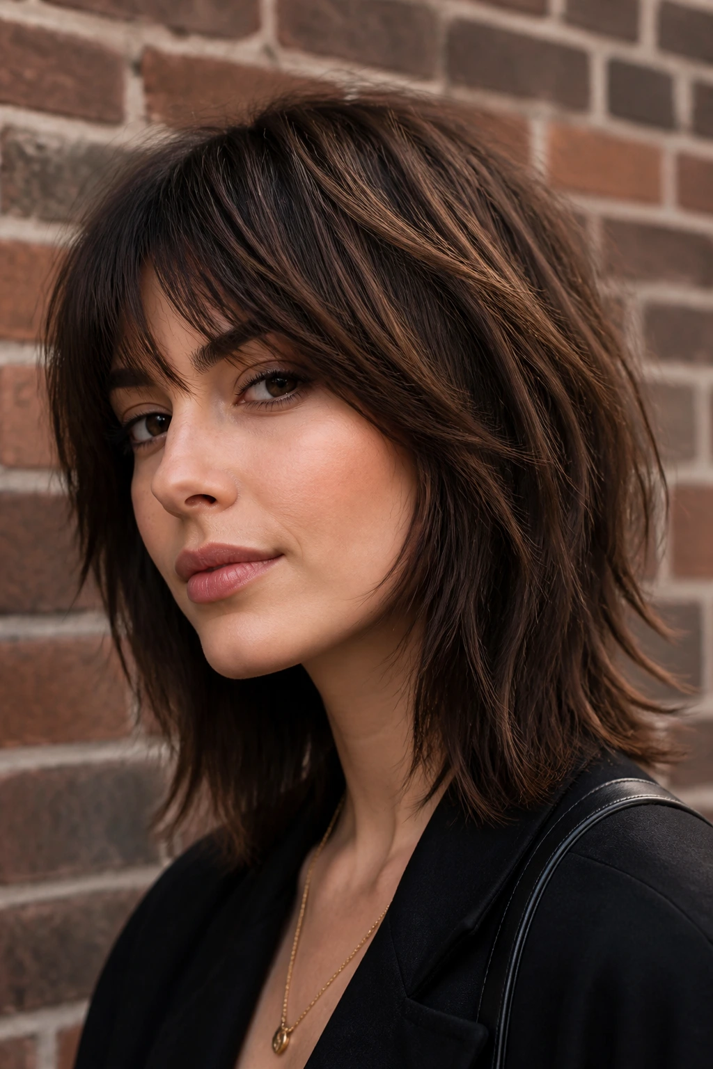 Close-up of a woman with edgy choppy butterfly lob and micro-layers against an urban brick backdrop.