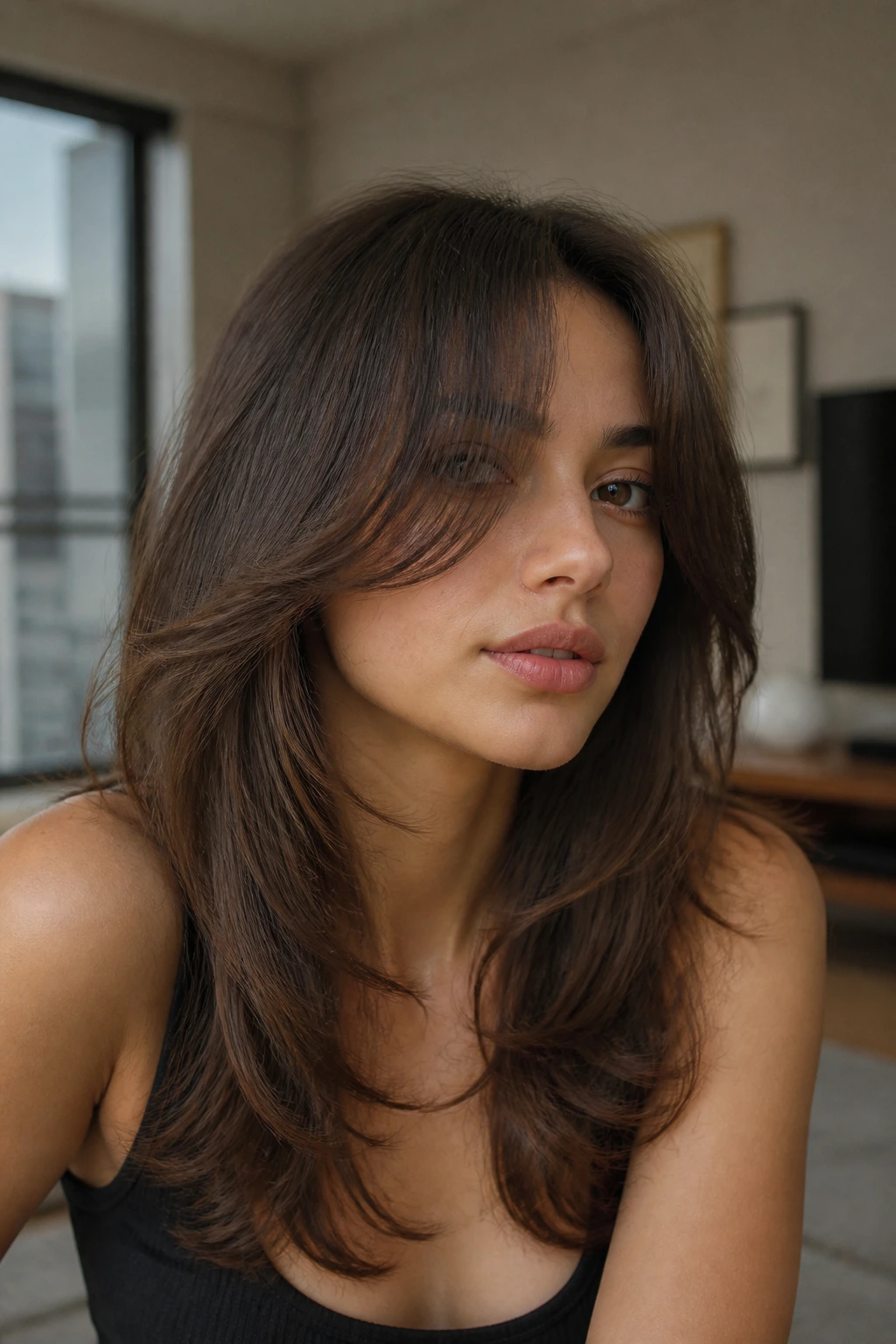 Close-up portrait of a real woman with a grown-out fringe butterfly haircut.