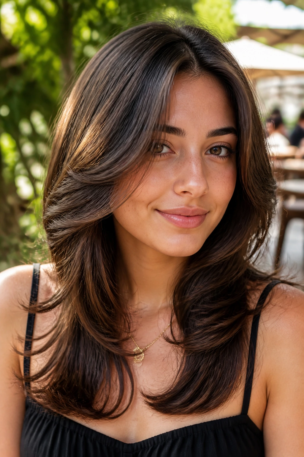 Close-up portrait of a real woman with a heart-shape balancing butterfly haircut.