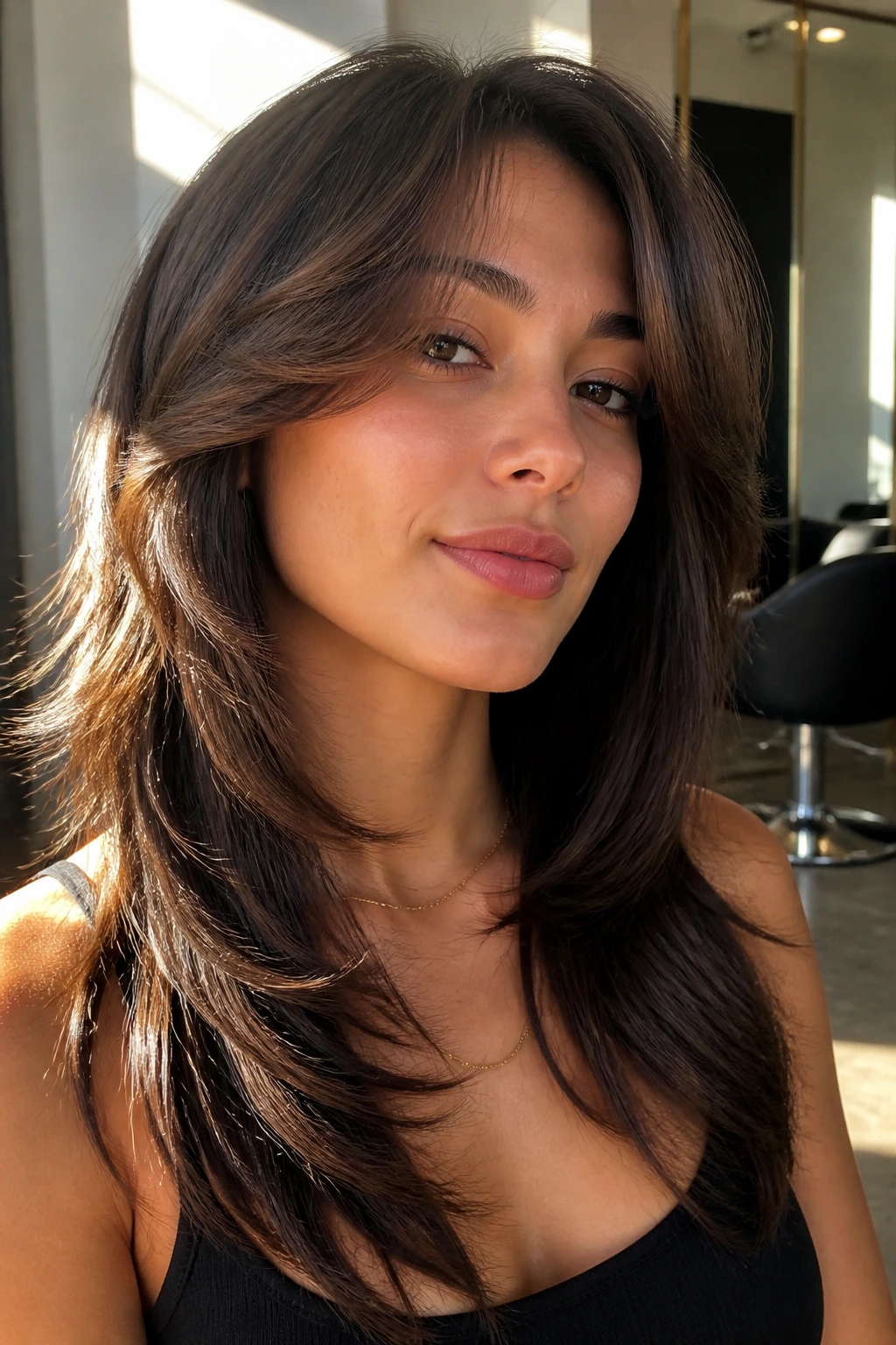 Close-up portrait showing the short top layer and longer underneath in a butterfly haircut, salon setting