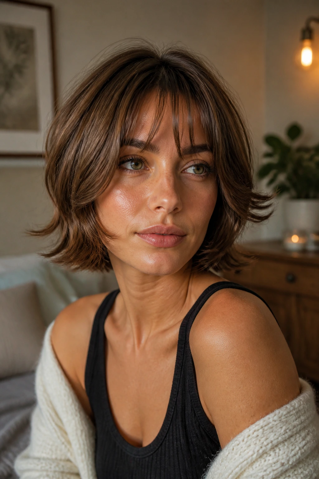 Portrait of real woman with butterfly haircut showing grow-out-friendly shape in cozy home setting