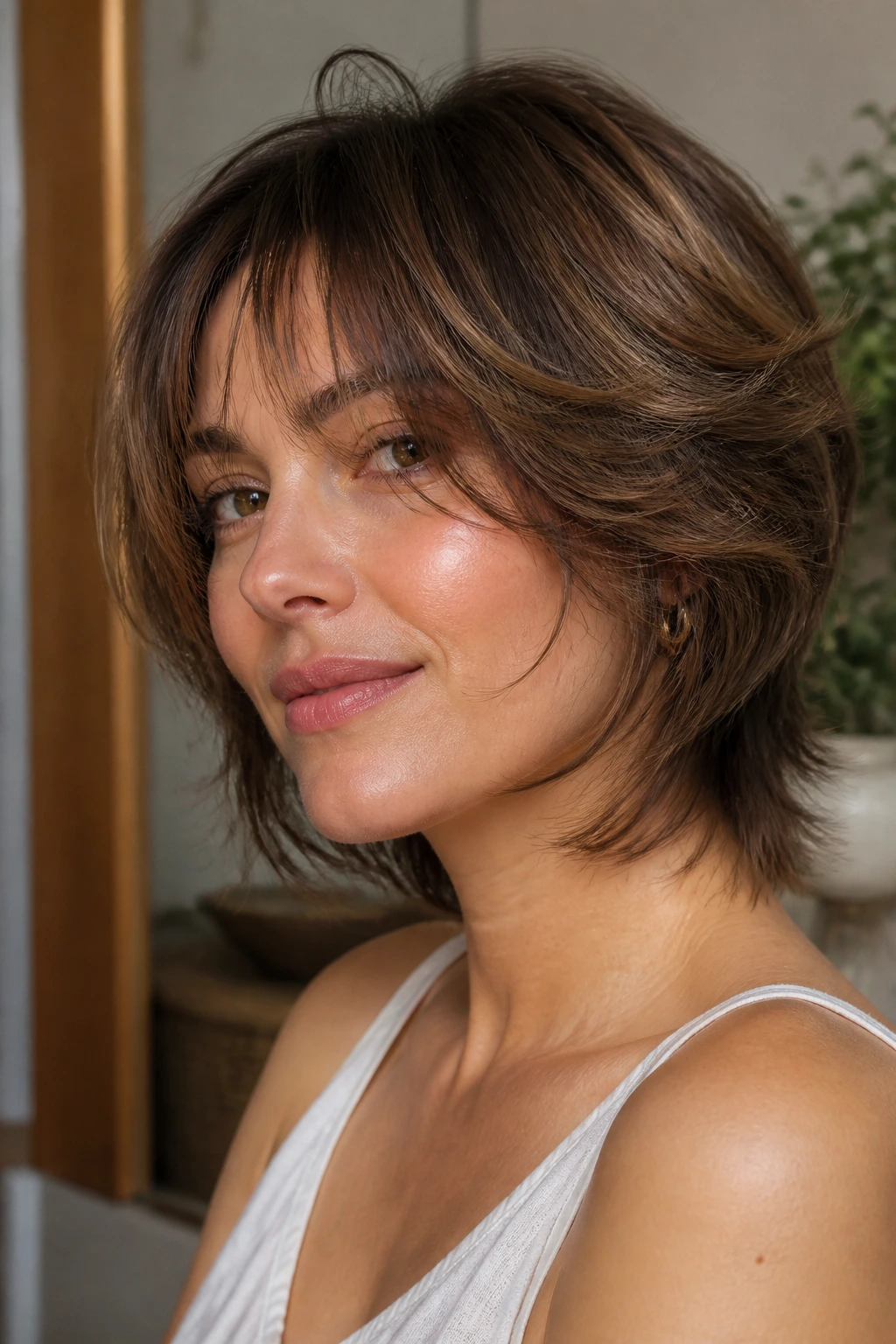 Real woman with short butterfly haircut showing soft layers and movement