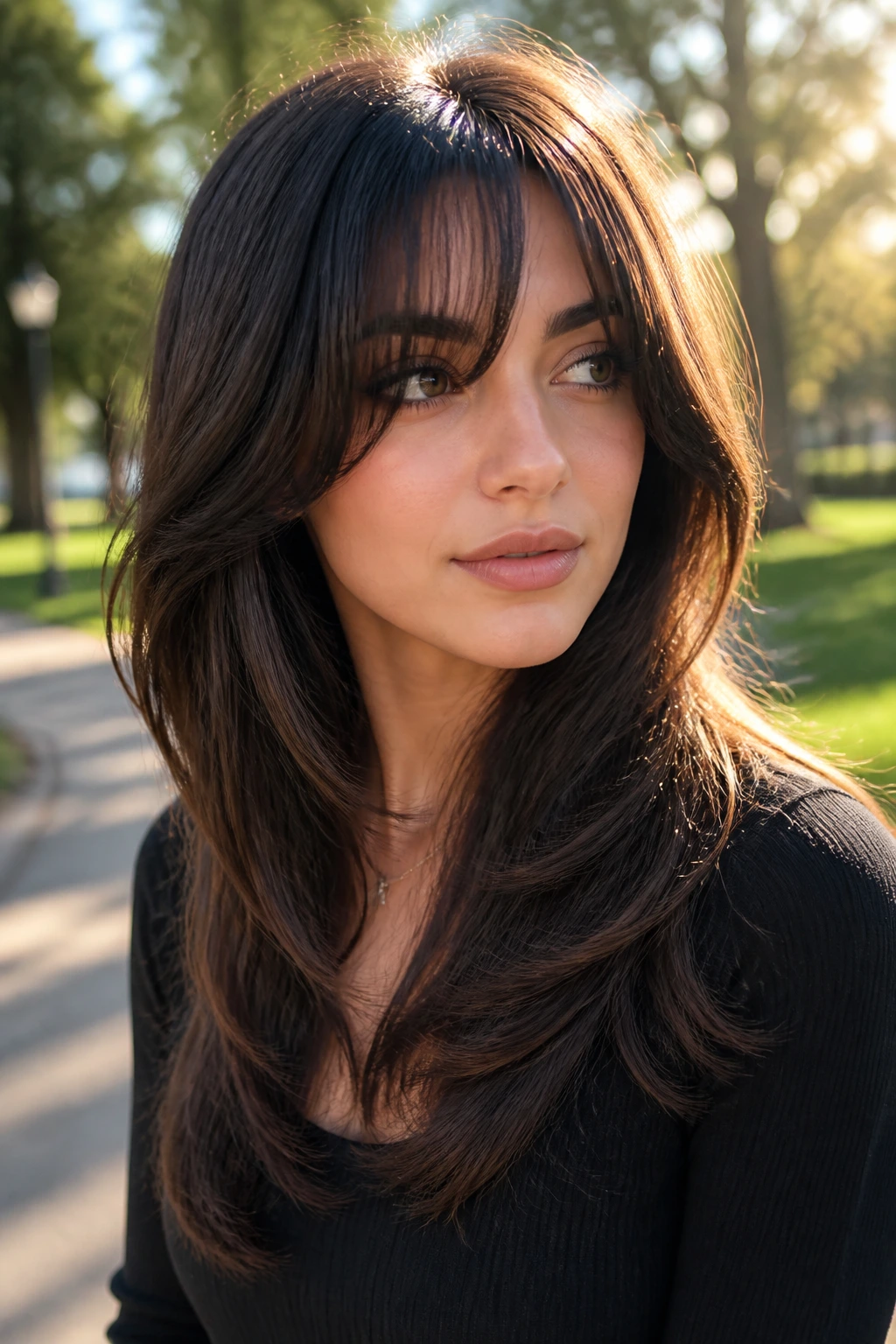Close-up of a real woman with a well-shaped butterfly haircut in golden hour sunlight