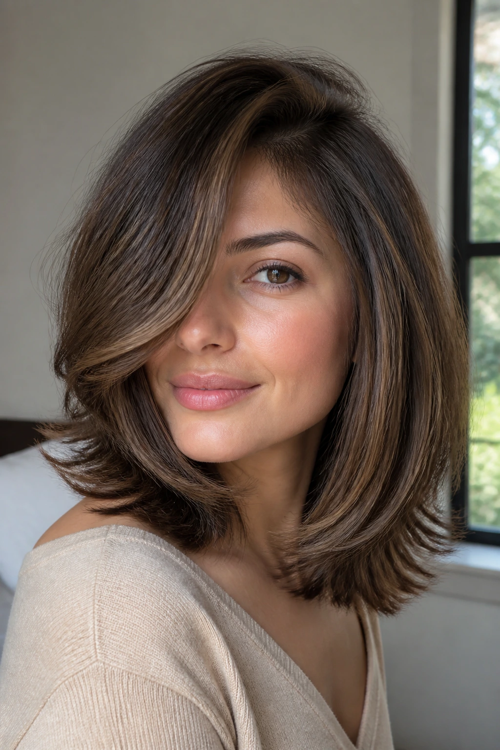 Close-up of a real woman with a side-part butterfly haircut in natural window light