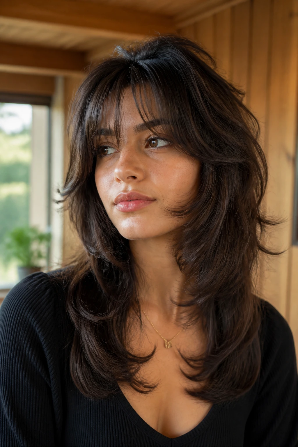Portrait of a real woman with butterfly haircut showcasing textured variations and feathered layers