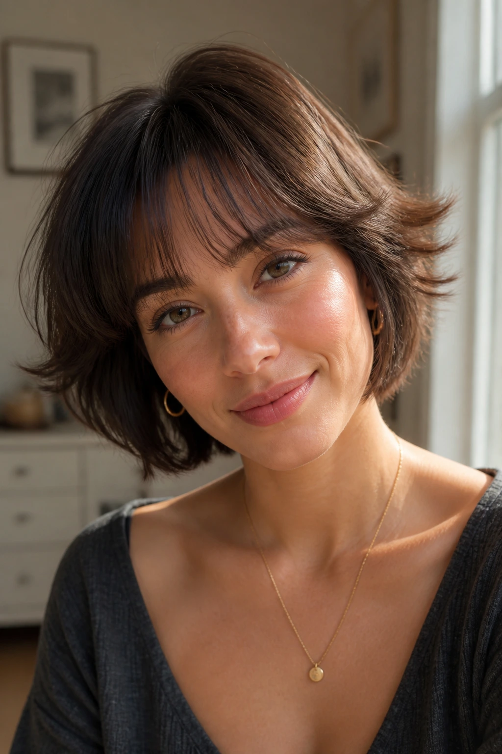 Close-up of a woman with a short butterfly haircut and wispy bangs.
