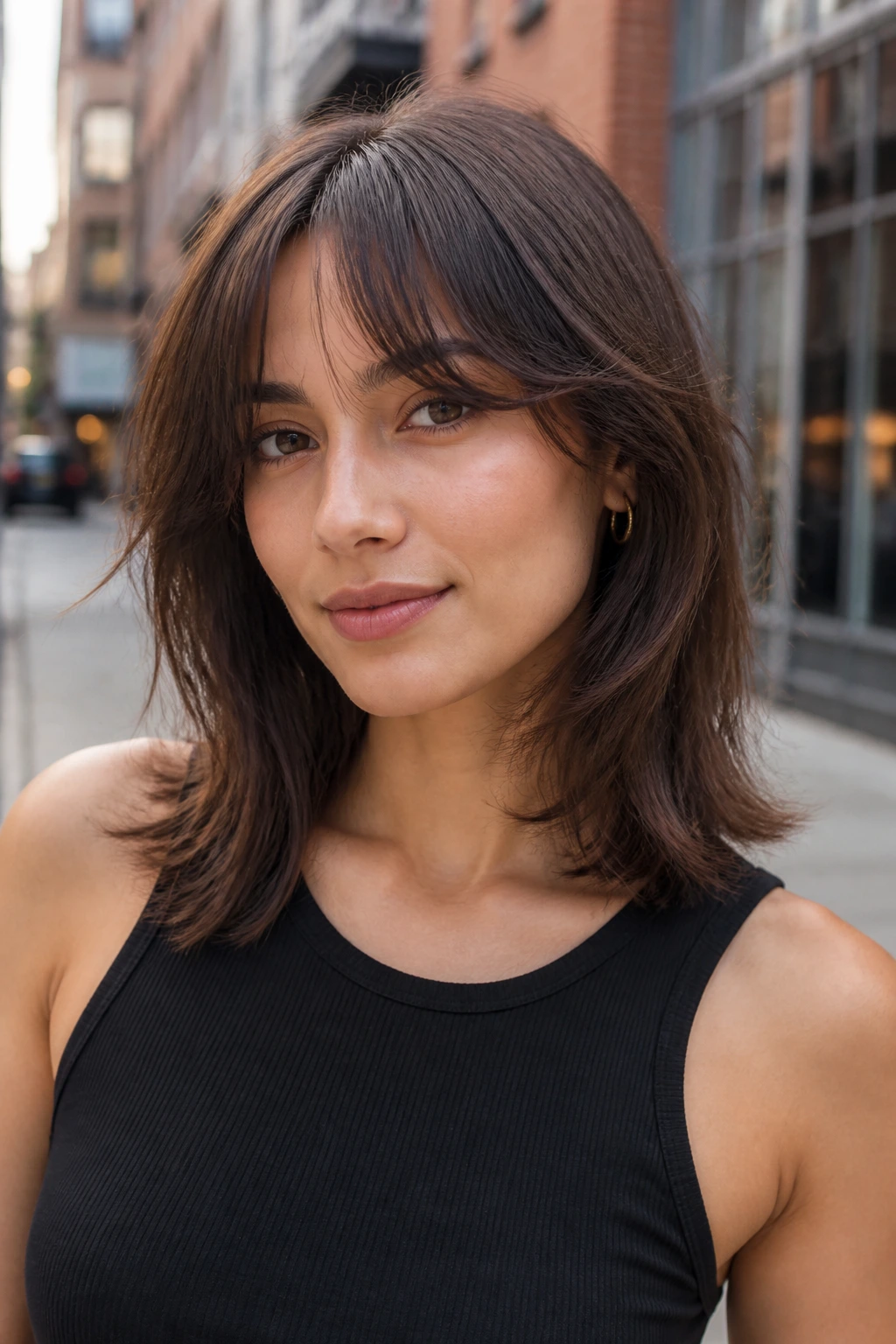 Portrait of a real woman with butterfly-inspired shoulder cut and face-framing bangs in urban daylight