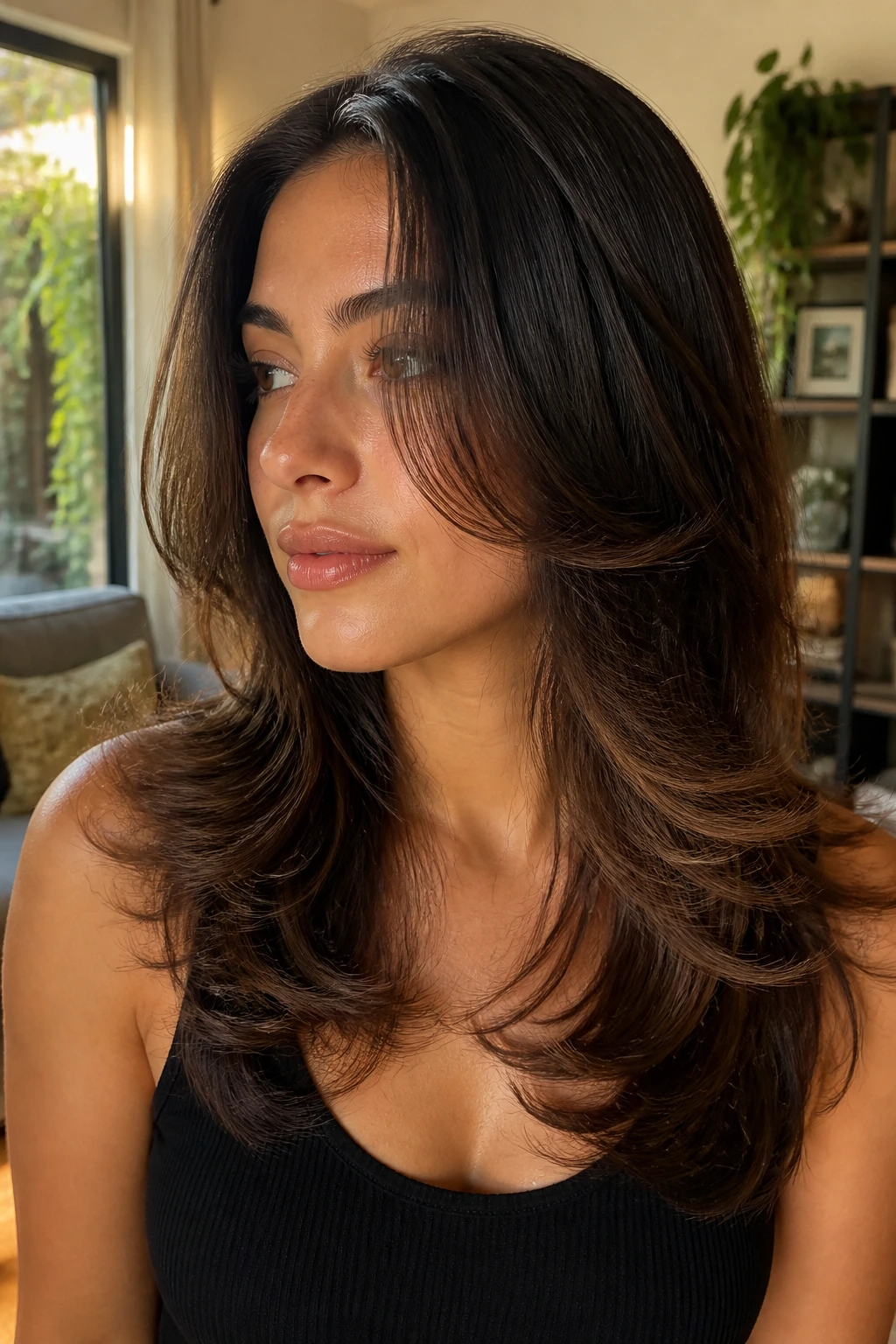 Close-up portrait of a real woman with butterfly cut with internal layers, natural window light
