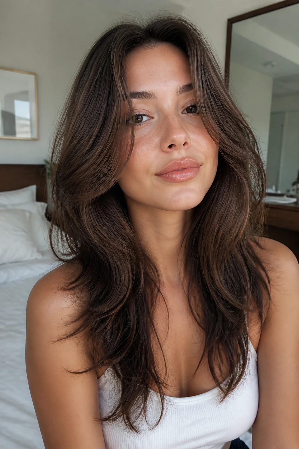 Portrait of a woman with butterfly layer shag showing lift around cheekbones.